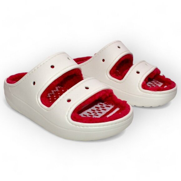 Crocs Classic Cozzzy Unisex Sandals Holiday Sweater Red White Lined New - Picture 1 of 10